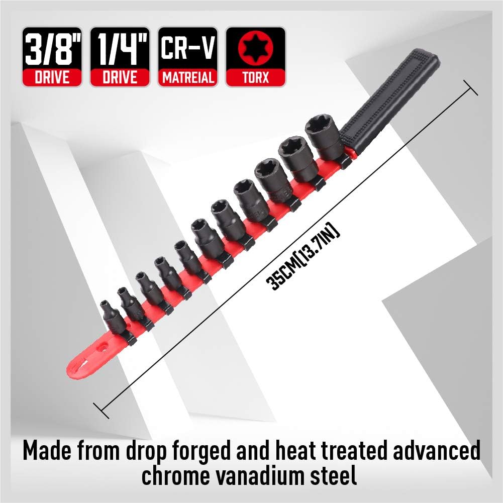 SEDY 11-Piece E-Torx Socket Set - Star Sockets Set with Socket Rail, External Torx Socket with Organizer, External Socket-Set, E4 E5 E6 E7 E8 E10 E12 E14 E16 E18 E20 Reverse Sockets Set