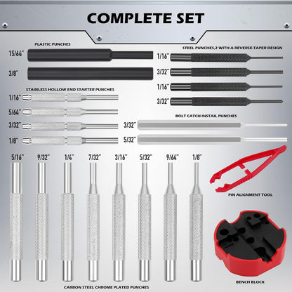 Premium Pin Punch Hammer Set: 25-Piece Punch Set and Hammer with Bench Block, Steel Roll Pin Punch Set, Pin Punches with Replaceable Face Hammer, Mechanical Repair Tool for Maintenance