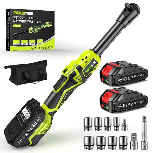 3/8" Cordless Ratchet Wrench: 58Ft-lbs (80N.m) 400RPM Light Weight Electric Ratchet, 6'' Extended Neck, 2 x2.0Ah Battery, 8 Sockets, 3" Extension Bar, LED Light (RH80B)