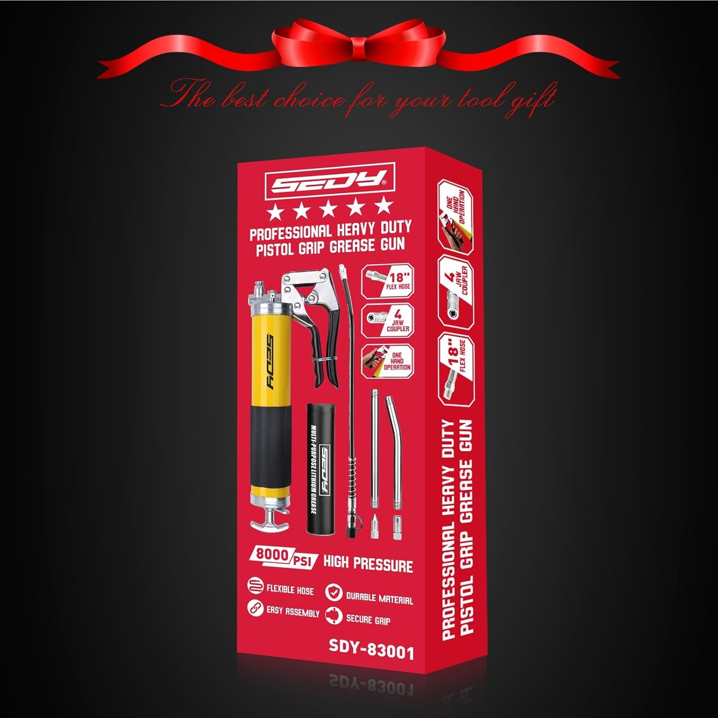 SEDY Heavy Duty Grease Gun Kit - 14oz Free Grease Tube 8000 PSI Pistol High Pressure Flexible Hose Bearing Grease Pump Marine Durable Connectors Adapters Extension Tubes Nozzle Easy Operation