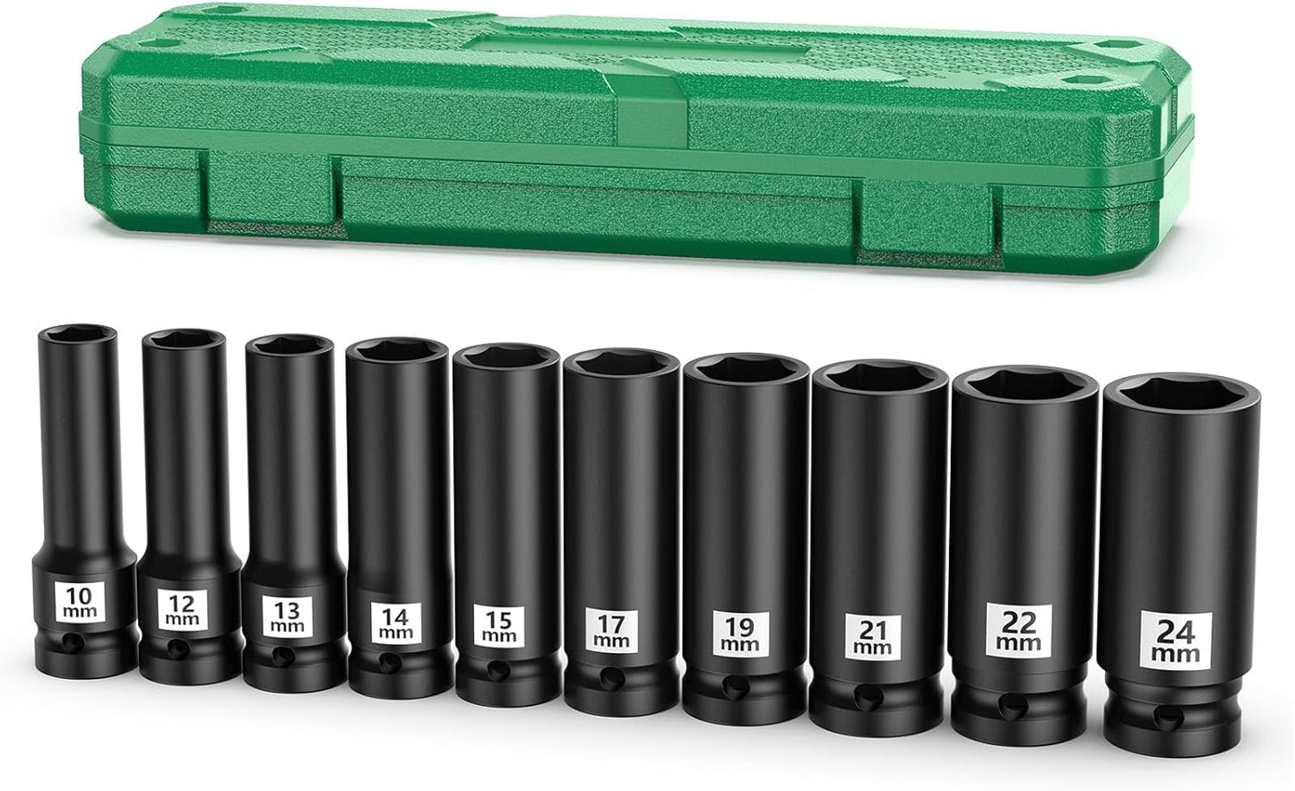 Professional Socket Set Wrench Kit, 10-Piece Metric 10-12-13-14-15-17-19-21-22-24mm, High-Torque C-V Steel Sockets for Automotive, Home Repair & DIY Projects