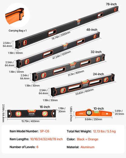 VEVOR 6-Piece Torpedo Level, 78/48/32/24/16/10 Inch All Magnetic Levels Set, Bubble Vials Ruler for 45/90/180 Degree, Aluminum Alloy Magnetic Box Leveler Tool, Shock-Resistance, SAE and Metric Scale