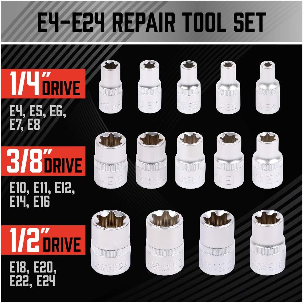 SEDY 14-Piece E-TORX Socket Set - Premium Female Torx Socket Set, Ultimate Torque Star Sockets, External Torx Sockets, E4 E5 E6 E7 E8 E10 E11 E12 E14 E16 E18 E20 E22 E24