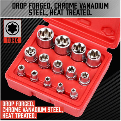 SEDY 14-Piece E-TORX Socket Set - Premium Female Torx Socket Set, Ultimate Torque Star Sockets, External Torx Sockets, E4 E5 E6 E7 E8 E10 E11 E12 E14 E16 E18 E20 E22 E24