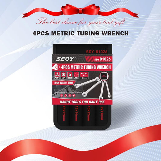 SEDY 4-Piece Flare Nut Wrench Set, Offset End Spanner Metric 9 10 11 12 13 14 15 17mm, CR-V Steel Storage Pouch Repair and Remove Nuts on Fuel Tube Hose Transmission Line