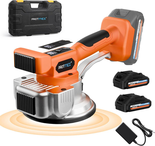 Tile Vibration Tool with 2 * 21V Batteries, Cordless Tile Vibration Max 25000r/Min, Tile Vibrator with 145mm Suction Cup 9 Adjustable Speed Digital Display for Floor Wall