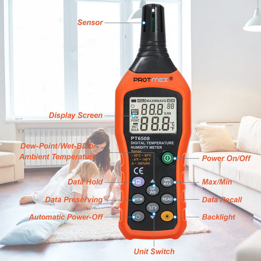 Digital Temperature Humidity Meter, Thermometer Hygrometer with Ambient Dew Point and Wet Bulb Temperature Indoor and Outdoor, Data Logger with Min/Max Hold, LCD Backlight, PT6508
