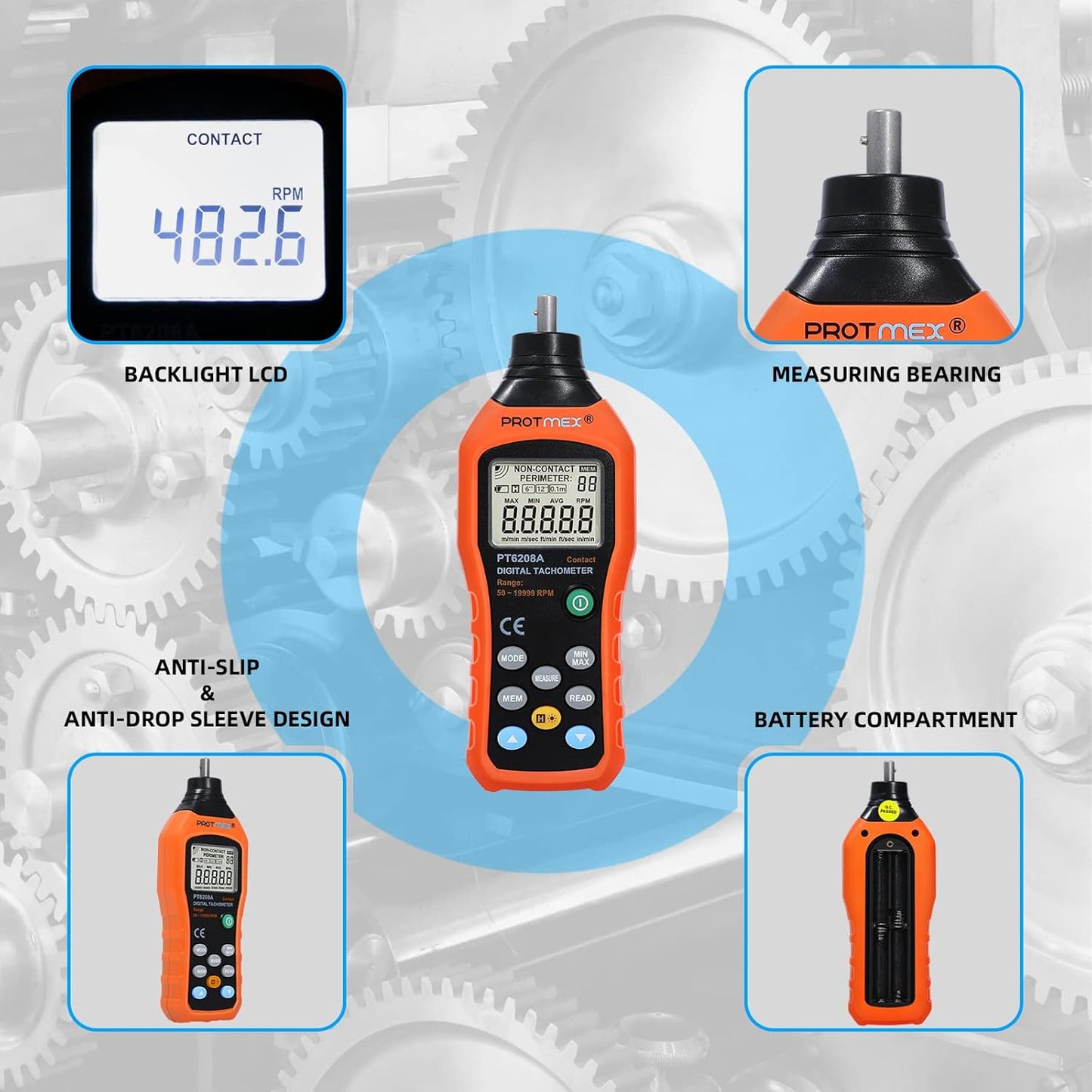 PT6208A Digital Contact Tachometer, Contact Measurement Speed Tach Meter, 50-19999RPM Speed Meter, Contact Tach RPM Meter with 100 Groups Data Logging, Data Hold, Max/Min/AVG, Backlight