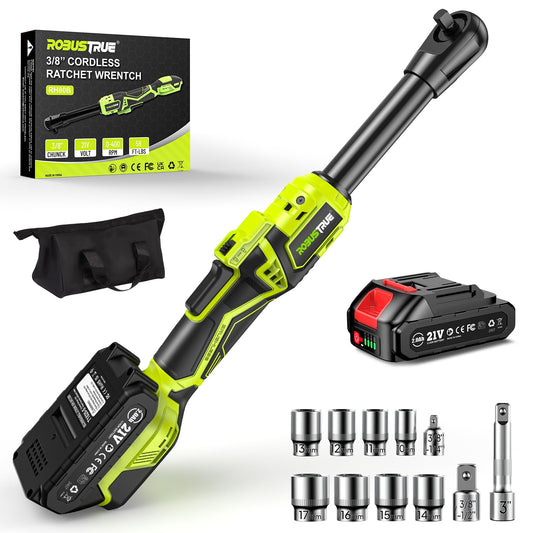 3/8" Cordless Ratchet Wrench: 58Ft-lbs (80N.m) 400RPM Light Weight Electric Ratchet, 6'' Extended Neck, 2 x2.0Ah Battery, 8 Sockets, 3" Extension Bar, LED Light (RH80B)