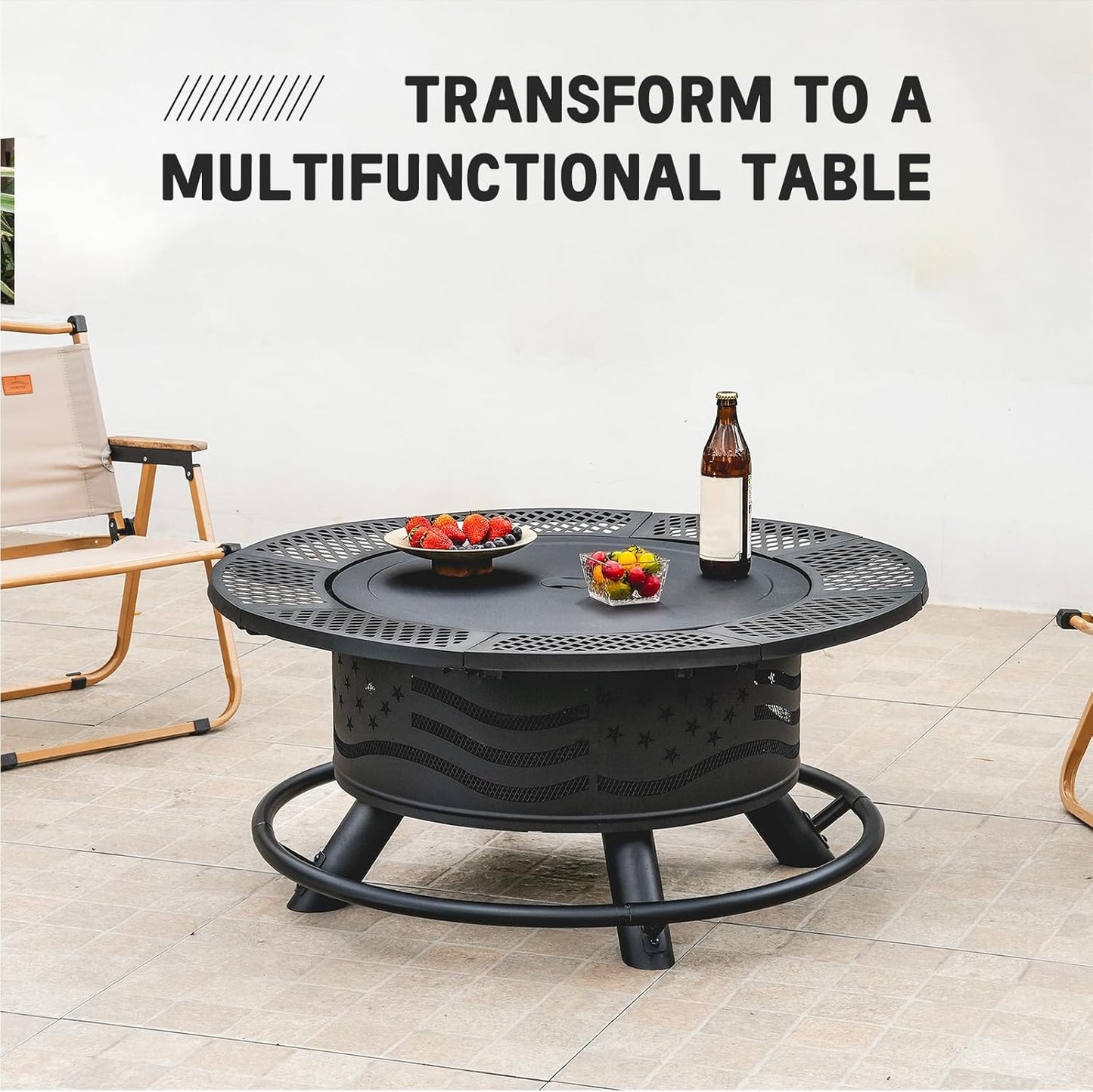 7DAY'S 36/42/47 Inch Fire Pit with 2 Cooking Grates, Outdoor Wood Burning BBQ Grill Firepit Bowl with Cover Lid, Steel Round Table for Backyard Bonfire Patio Picnic