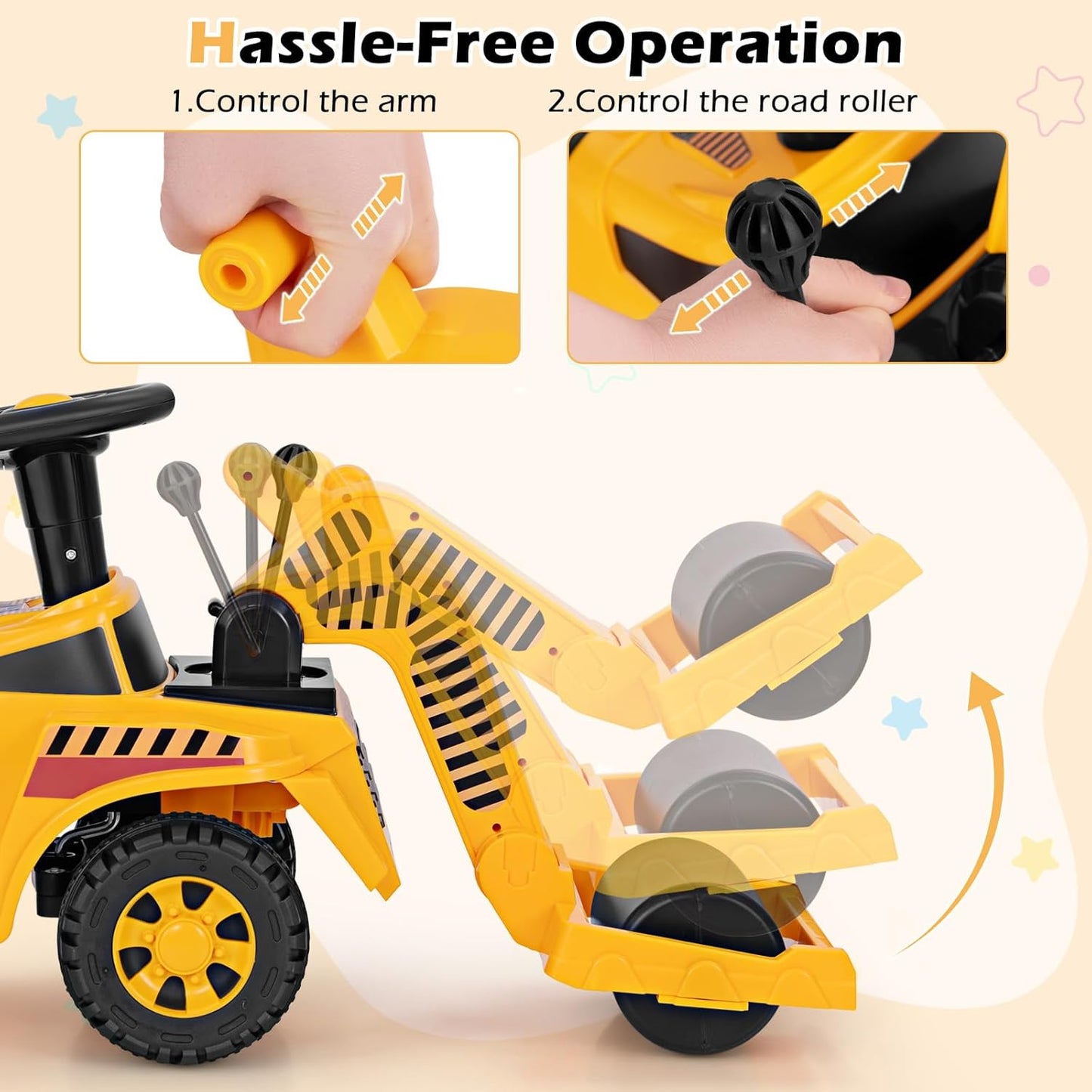 HONEY JOY Ride On Road Roller, Ride On Push Car for Toddlers, Adjustable Arm, Sound, Under-Seat Storage, Outdoor Ride on Construction Vehicle for Kids, No Power Ride On Toy for Boys Girls, Yellow