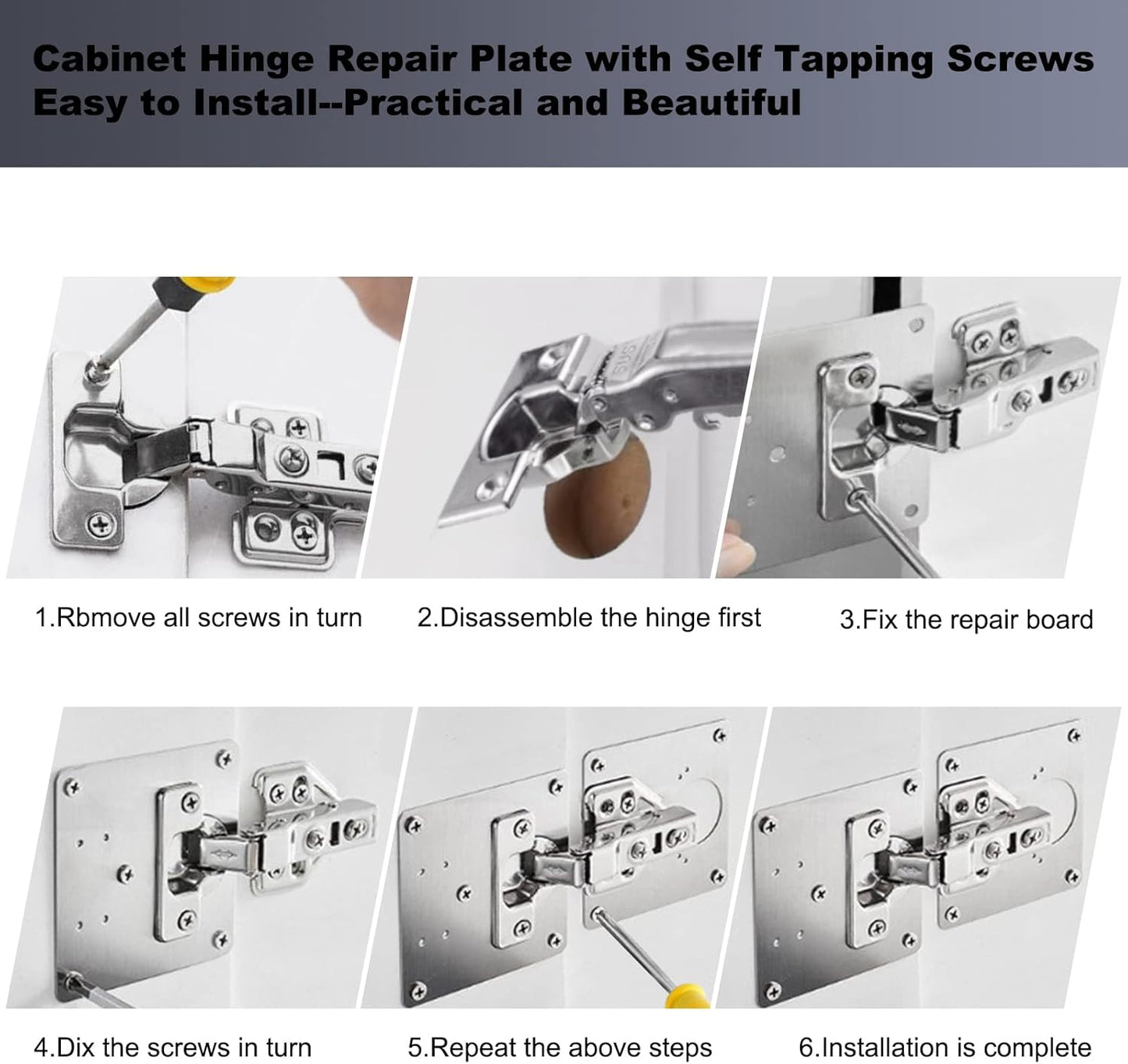 7DAY'S - 6 PCS Cabinet Hinge Repair Plate, Hinges Repair Fixing Plates, Stainless Steel Cabinet Repair Board, Kitchen Cupboard Door Hinge Repair Brackets Kit, Cabinet Fixing Plate Bracket with Mounting Screw