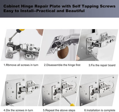 7DAY'S - 6 PCS Cabinet Hinge Repair Plate, Hinges Repair Fixing Plates, Stainless Steel Cabinet Repair Board, Kitchen Cupboard Door Hinge Repair Brackets Kit, Cabinet Fixing Plate Bracket with Mounting Screw