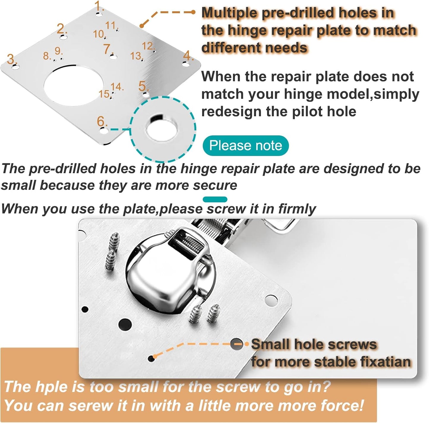 7DAY'S - 6 PCS Cabinet Hinge Repair Plate, Hinges Repair Fixing Plates, Stainless Steel Cabinet Repair Board, Kitchen Cupboard Door Hinge Repair Brackets Kit, Cabinet Fixing Plate Bracket with Mounting Screw