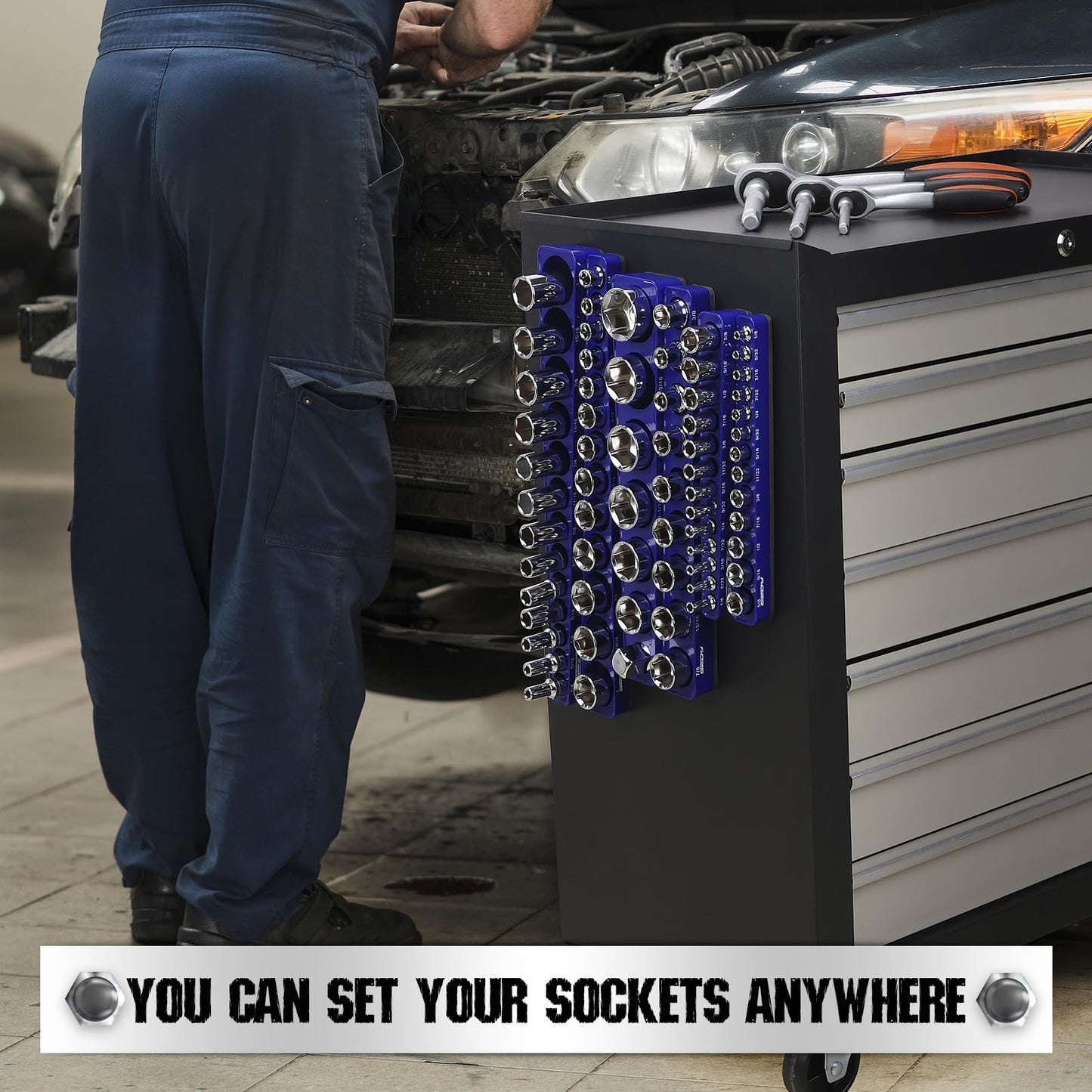 Magnetic Socket Holder Organizer Set: 6-Piece Detachable 1/2 3/8 1/4 Drive Sockets Storage Tray Magnetic Socket Organizer Tool Box Drawer Tool Box Organizers Storage Metric SAE (Sockets Not Included)