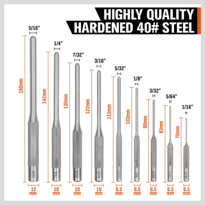 9-Piece Roll Pin Punch Set - Fast Pin Removal - Durable Steel & Construction - For Automotive, Firearm Maintenance, Watch, Jewelry & Craft Repair - Knurled Grip - Versatile Sizes