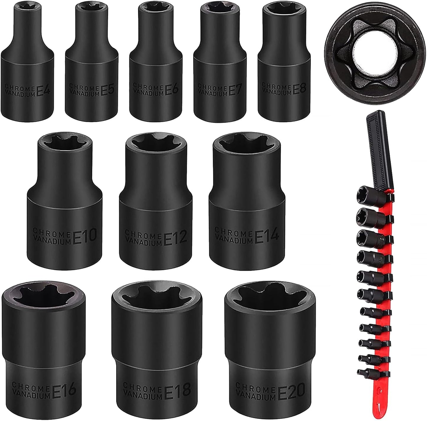 SEDY 11-Piece E-Torx Socket Set - Star Sockets Set with Socket Rail, External Torx Socket with Organizer, External Socket-Set, E4 E5 E6 E7 E8 E10 E12 E14 E16 E18 E20 Reverse Sockets Set