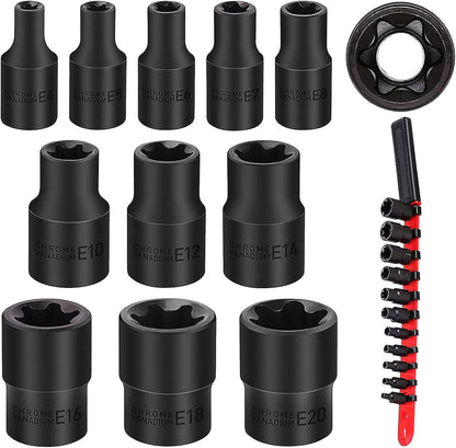 SEDY 11-Piece E-Torx Socket Set - Star Sockets Set with Socket Rail, External Torx Socket with Organizer, External Socket-Set, E4 E5 E6 E7 E8 E10 E12 E14 E16 E18 E20 Reverse Sockets Set