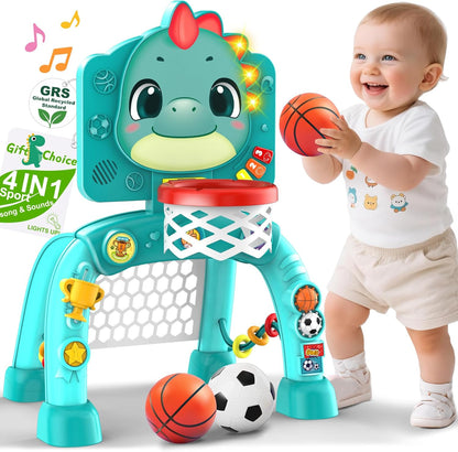 Dinosaur Kids Sports Play Toy: 4-in-1 Multifunction Indoor Outdoor Activity – Basketball Toss, Ring Throw, Ball Play & Music Lights to Improve Motor Skills, Birthday Gift for Boys Girls Age 1-3