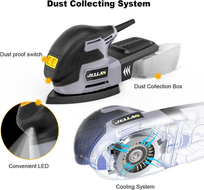 JELLAS Electric Detail Sander, 220W Compact Sander Machine for Wood, 13,000 RPM Sanders with Dust Collection, 16PCS Sandpapers, Finger Sanding Attachment and Sanding Pad Included, MS220T