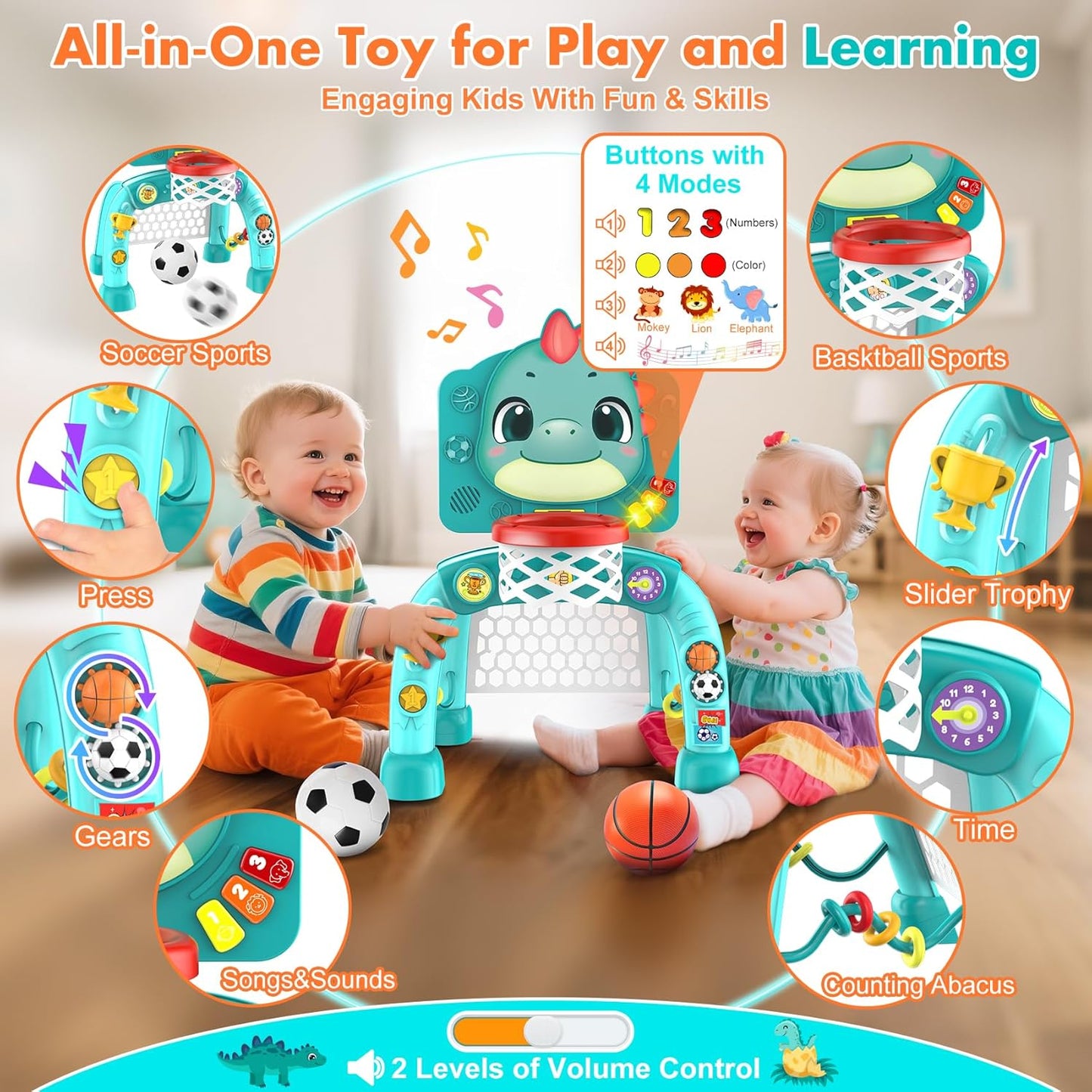 Dinosaur Kids Sports Play Toy: 4-in-1 Multifunction Indoor Outdoor Activity – Basketball Toss, Ring Throw, Ball Play & Music Lights to Improve Motor Skills, Birthday Gift for Boys Girls Age 1-3