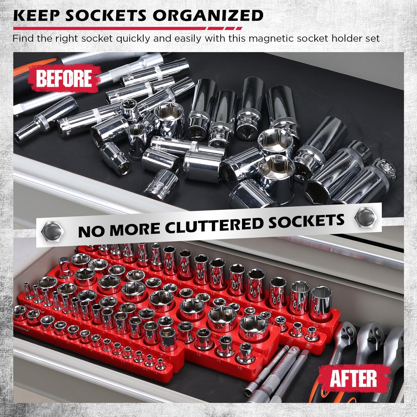 Magnetic Socket Holder Organizer Set: 6-Piece Detachable 1/2 3/8 1/4 Drive Sockets Storage Tray Magnetic Socket Organizer Tool Box Drawer Tool Box Organizers Storage Metric SAE (Sockets Not Included)