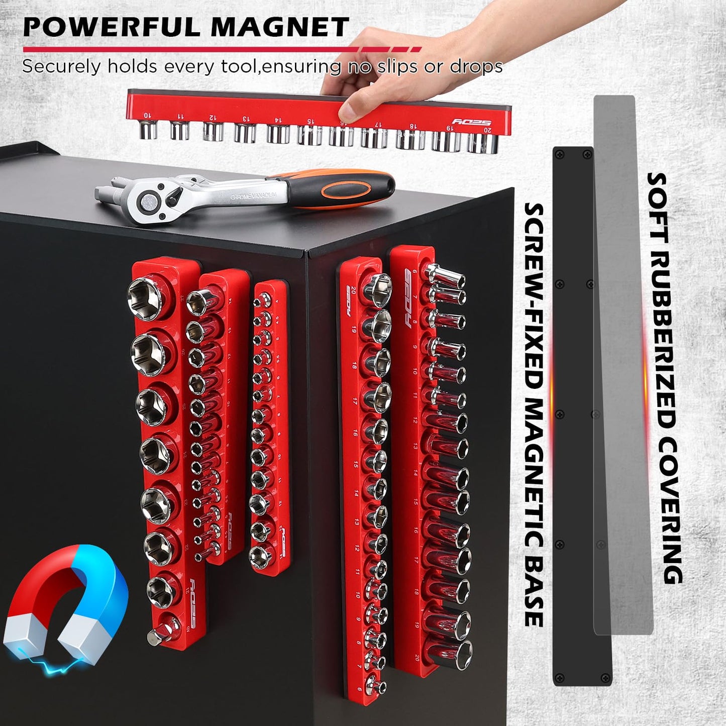 Magnetic Socket Holder Organizer Set: 6-Piece Detachable 1/2 3/8 1/4 Drive Sockets Storage Tray Magnetic Socket Organizer Tool Box Drawer Tool Box Organizers Storage Metric SAE (Sockets Not Included)