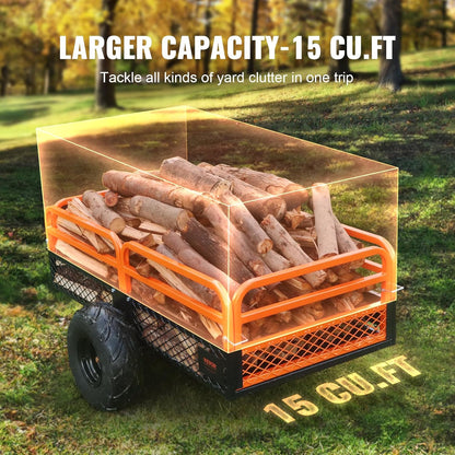 VEVOR ATV UTV Trailer Tow Behind Dump Cart, 1500lbs 15 Cubic Feet, Heavy Duty Yard Garden Trailer Pull Behind Dump Trailer for Lawn Mower Tractor