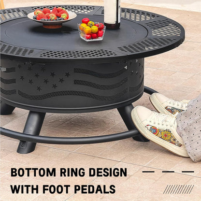 7DAY'S 36/42/47 Inch Fire Pit with 2 Cooking Grates, Outdoor Wood Burning BBQ Grill Firepit Bowl with Cover Lid, Steel Round Table for Backyard Bonfire Patio Picnic