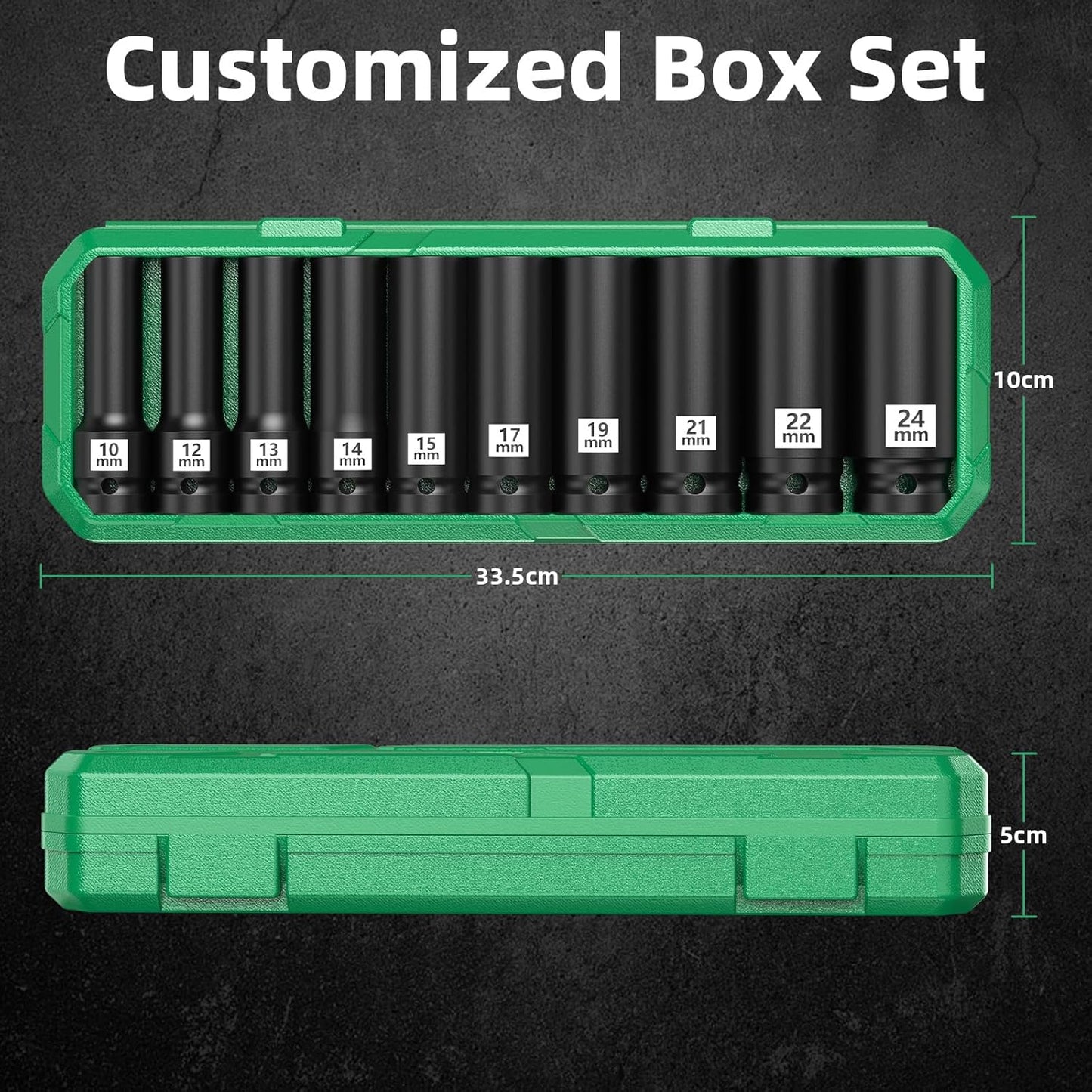 Professional Socket Set Wrench Kit, 10-Piece Metric 10-12-13-14-15-17-19-21-22-24mm, High-Torque C-V Steel Sockets for Automotive, Home Repair & DIY Projects