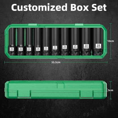 Professional Socket Set Wrench Kit, 10-Piece Metric 10-12-13-14-15-17-19-21-22-24mm, High-Torque C-V Steel Sockets for Automotive, Home Repair & DIY Projects
