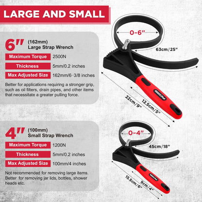 2-Piece Rubber Strap Adjustable Wrench Set Diameter 4" and 6", Oil Filter Pipe Jar Opener Strong Grip Plumbers Universal Spanner for Drain Sewer Cap Sink Pliers Nut Shower Head Valve Removal