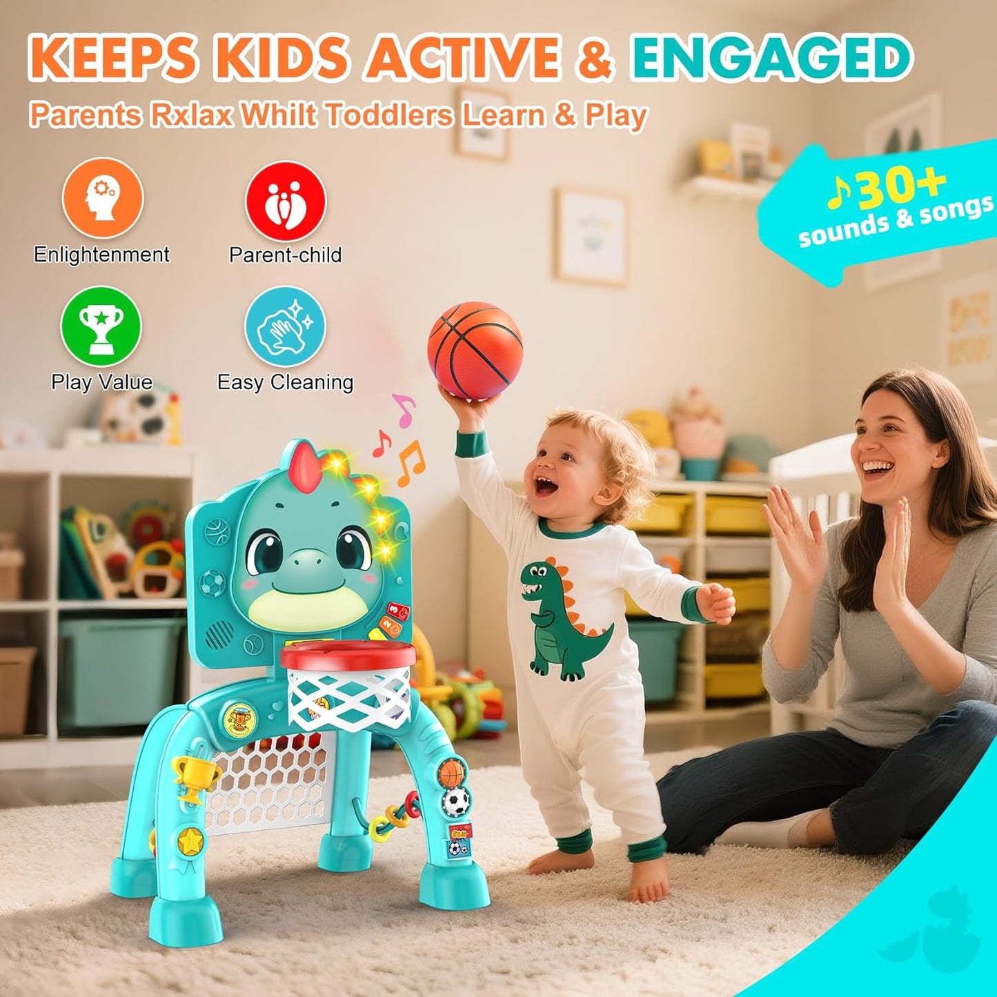 Dinosaur Kids Sports Play Toy: 4-in-1 Multifunction Indoor Outdoor Activity – Basketball Toss, Ring Throw, Ball Play & Music Lights to Improve Motor Skills, Birthday Gift for Boys Girls Age 1-3