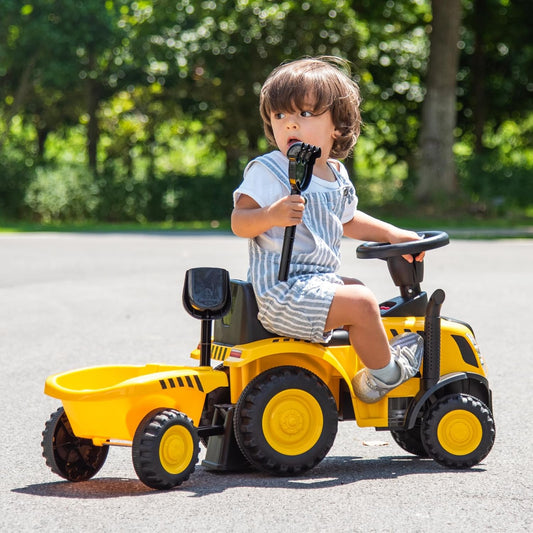HONEY JOY Kids Ride on Tractor, Licensed Caterpillar Ride On Push Car for Toddlers, Detachable Trailer, Shovel & Rake, Horn, Engine Sound, LED Lights, No Power Ride On Toy for Boys Girls (Yellow)