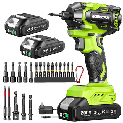Impact Driver: 21V 1/4" Hex Cordless Impact Driver, 230N.m (2,035in-lbs) Brushless Impact Driver Drill Set, 20Psc Screwdriver Bits, 2.0 Ah Battery, Variable Speed for DIY and Automotive