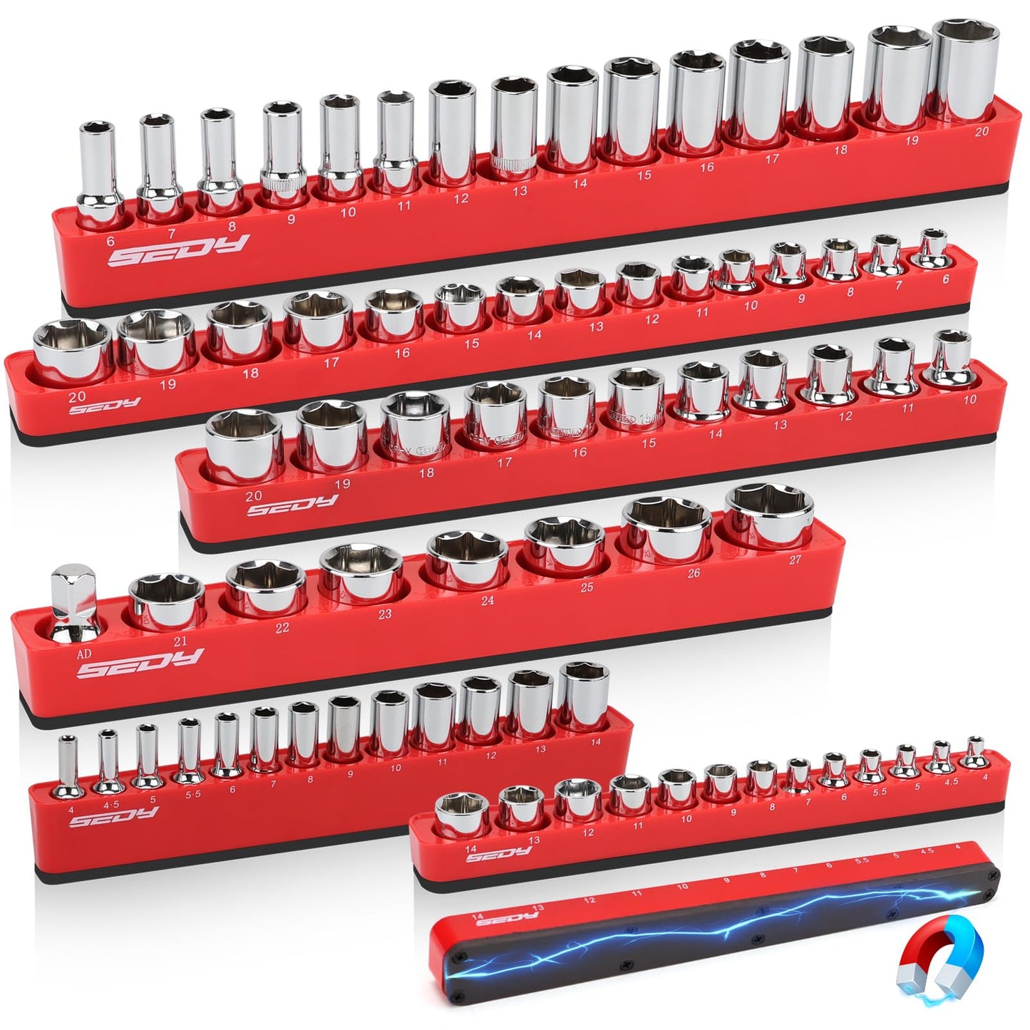 Magnetic Socket Holder Organizer Set: 6-Piece Detachable 1/2 3/8 1/4 Drive Sockets Storage Tray Magnetic Socket Organizer Tool Box Drawer Tool Box Organizers Storage Metric SAE (Sockets Not Included)