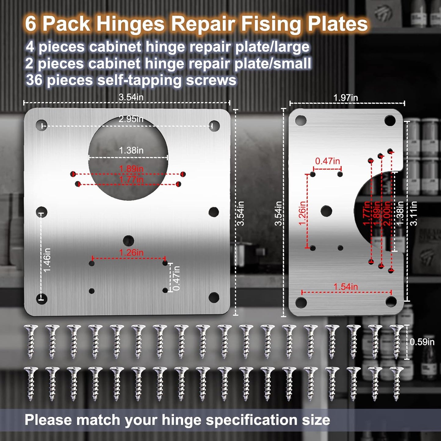 7DAY'S - 6 PCS Cabinet Hinge Repair Plate, Hinges Repair Fixing Plates, Stainless Steel Cabinet Repair Board, Kitchen Cupboard Door Hinge Repair Brackets Kit, Cabinet Fixing Plate Bracket with Mounting Screw