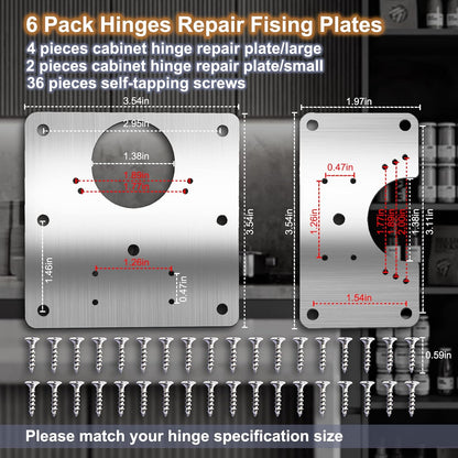 7DAY'S - 6 PCS Cabinet Hinge Repair Plate, Hinges Repair Fixing Plates, Stainless Steel Cabinet Repair Board, Kitchen Cupboard Door Hinge Repair Brackets Kit, Cabinet Fixing Plate Bracket with Mounting Screw