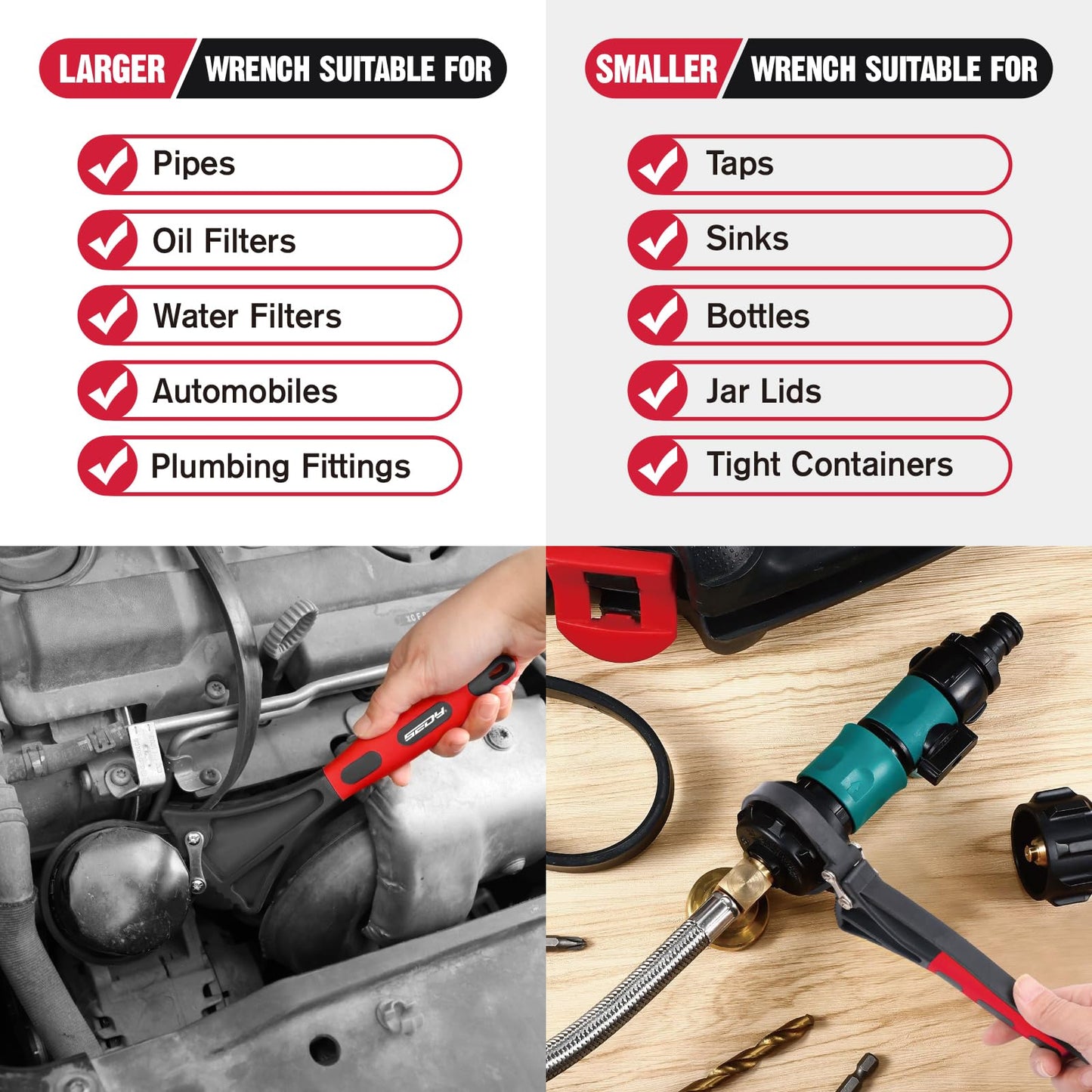 2-Piece Rubber Strap Adjustable Wrench Set Diameter 4" and 6", Oil Filter Pipe Jar Opener Strong Grip Plumbers Universal Spanner for Drain Sewer Cap Sink Pliers Nut Shower Head Valve Removal