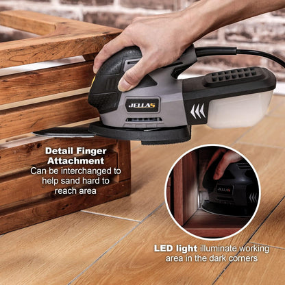 JELLAS Electric Detail Sander, 220W Compact Sander Machine for Wood, 13,000 RPM Sanders with Dust Collection, 16PCS Sandpapers, Finger Sanding Attachment and Sanding Pad Included, MS220T