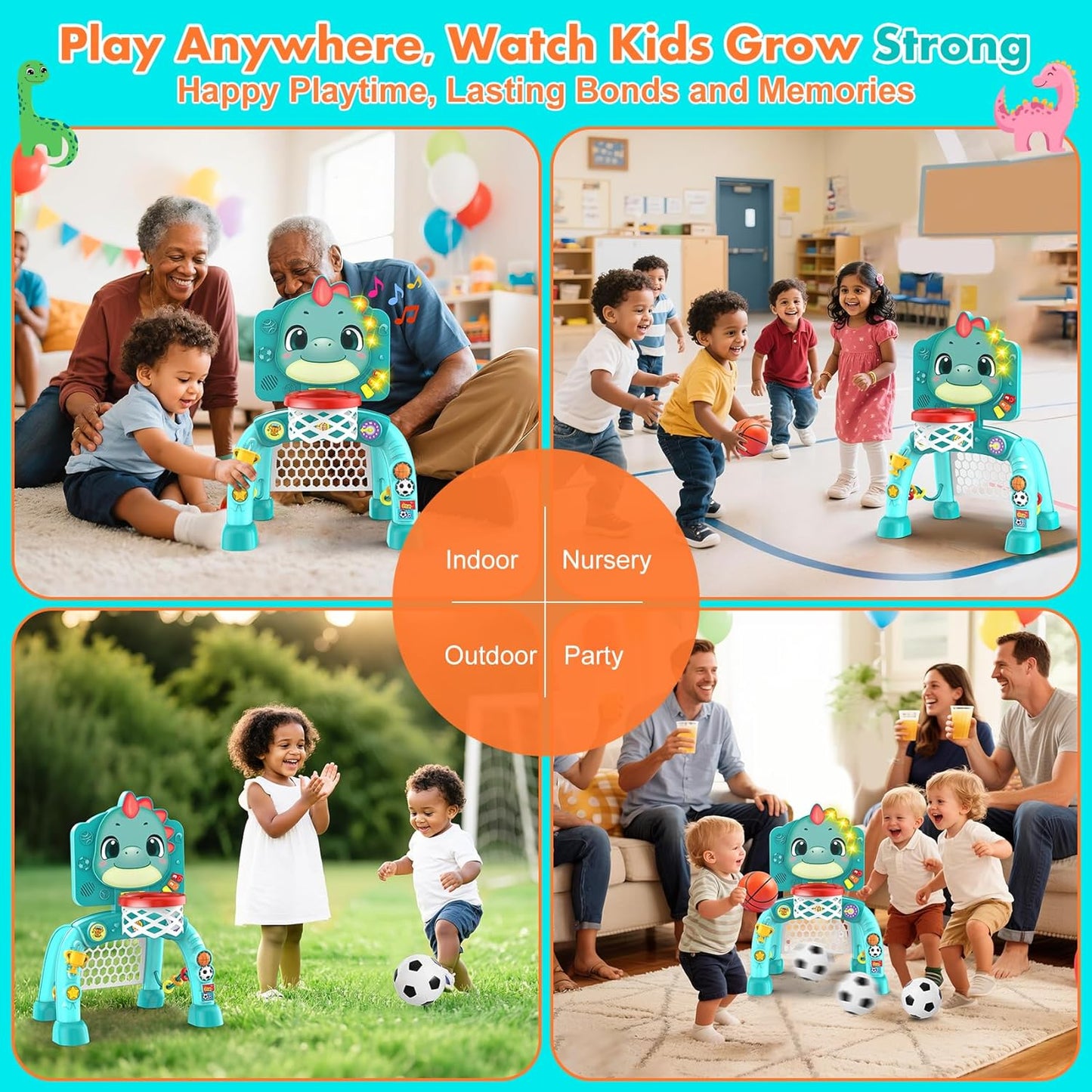 Dinosaur Kids Sports Play Toy: 4-in-1 Multifunction Indoor Outdoor Activity – Basketball Toss, Ring Throw, Ball Play & Music Lights to Improve Motor Skills, Birthday Gift for Boys Girls Age 1-3