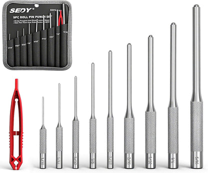 9-Piece Roll Pin Punch Set - Fast Pin Removal - Durable Steel & Construction - For Automotive, Firearm Maintenance, Watch, Jewelry & Craft Repair - Knurled Grip - Versatile Sizes