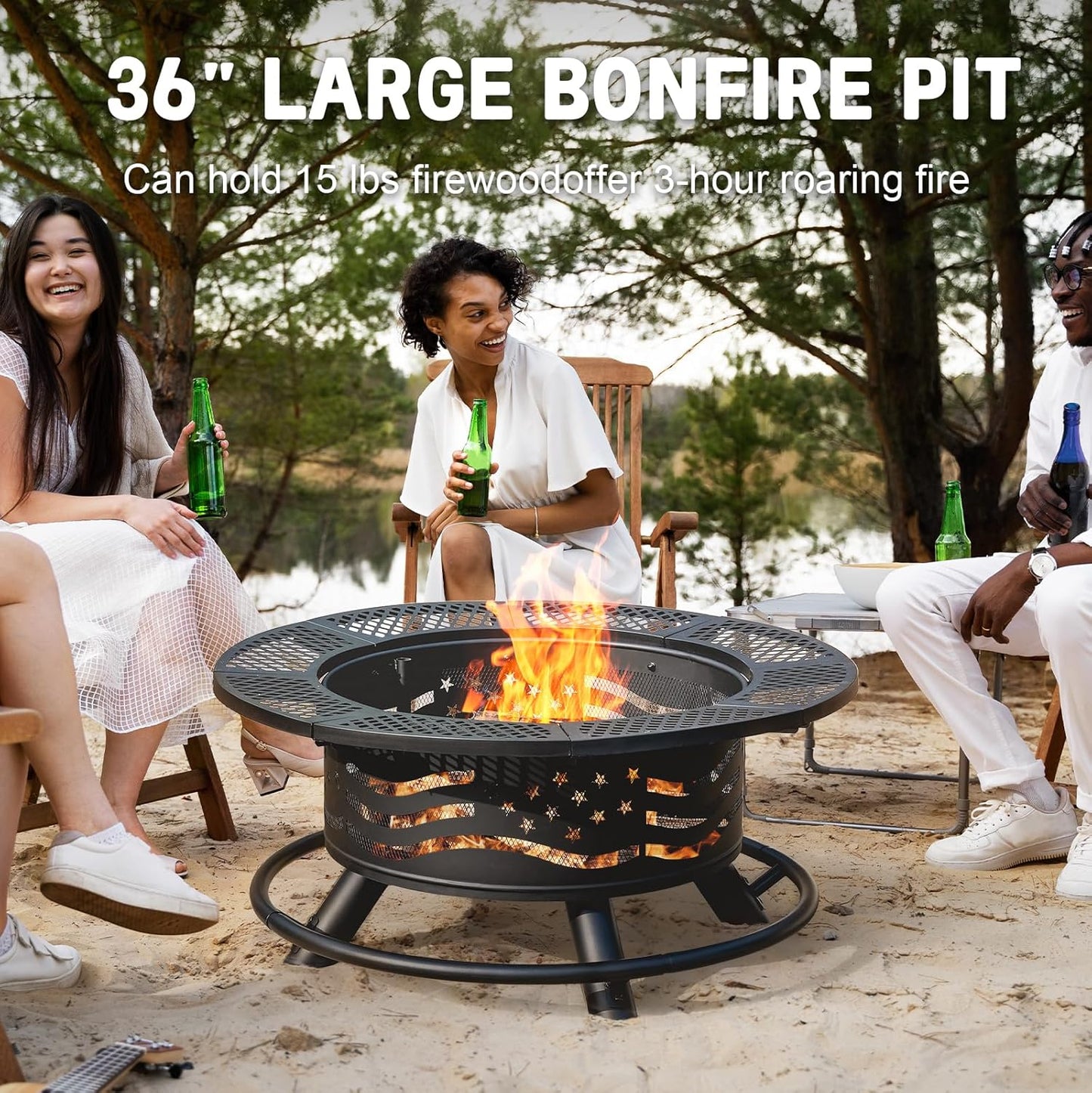 7DAY'S 36/42/47 Inch Fire Pit with 2 Cooking Grates, Outdoor Wood Burning BBQ Grill Firepit Bowl with Cover Lid, Steel Round Table for Backyard Bonfire Patio Picnic