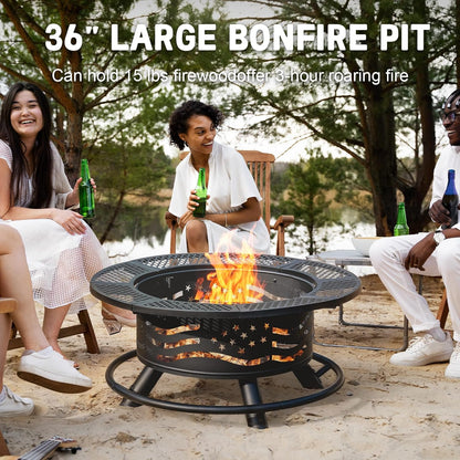 7DAY'S 36/42/47 Inch Fire Pit with 2 Cooking Grates, Outdoor Wood Burning BBQ Grill Firepit Bowl with Cover Lid, Steel Round Table for Backyard Bonfire Patio Picnic