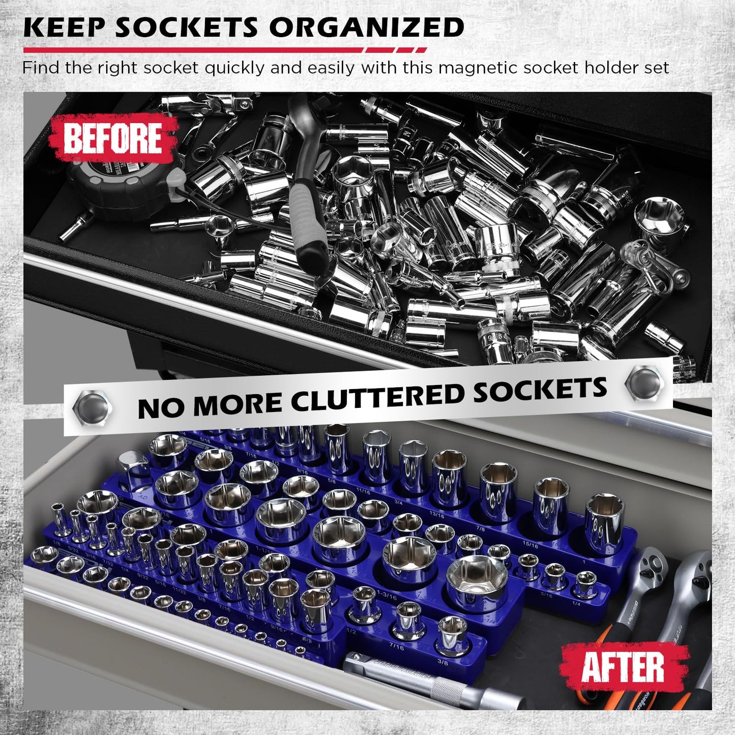 Magnetic Socket Holder Organizer Set: 6-Piece Detachable 1/2 3/8 1/4 Drive Sockets Storage Tray Magnetic Socket Organizer Tool Box Drawer Tool Box Organizers Storage Metric SAE (Sockets Not Included)