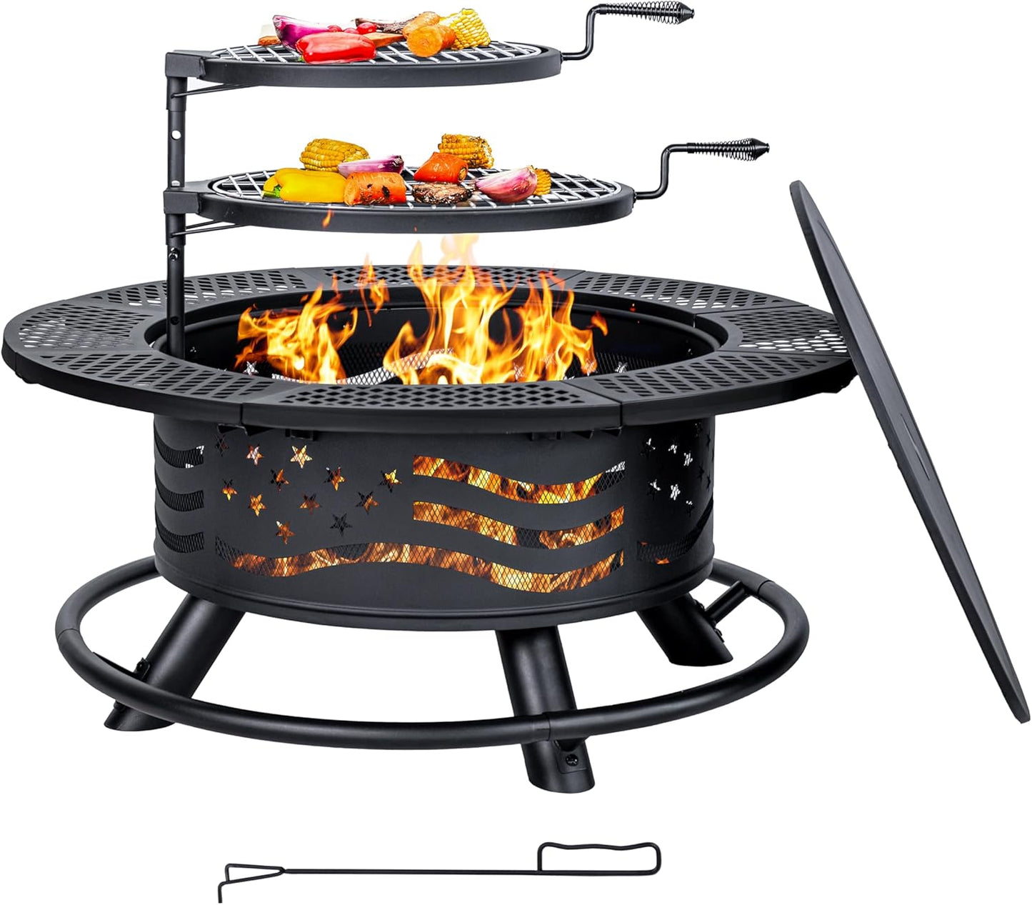 7DAY'S 36/42/47 Inch Fire Pit with 2 Cooking Grates, Outdoor Wood Burning BBQ Grill Firepit Bowl with Cover Lid, Steel Round Table for Backyard Bonfire Patio Picnic