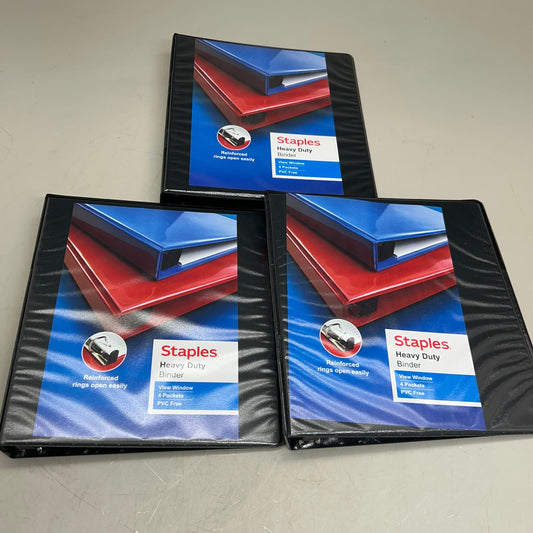STAPLES (3 Pack) Heavy Duty 3-Ring Binder W/ 4 Pockets 11"x10.5"x1" Black ST56231B