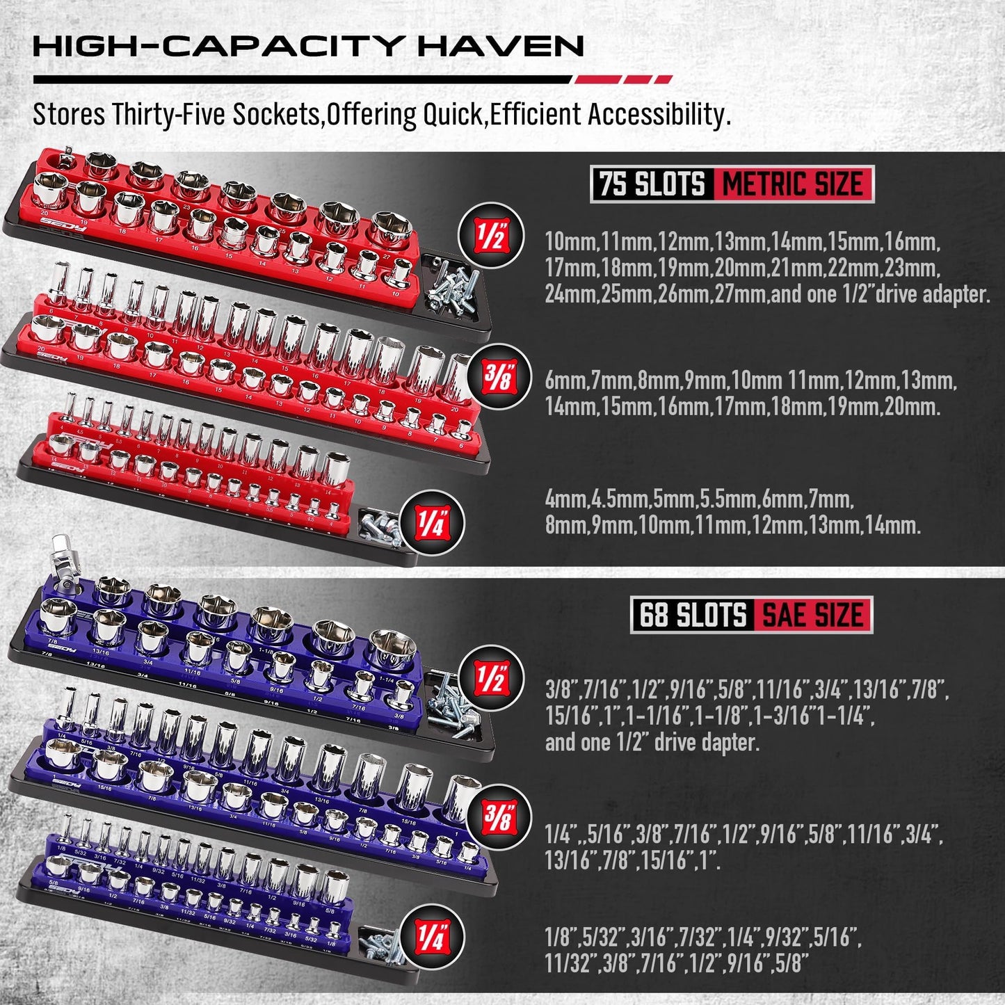 Magnetic Socket Holder Organizer Set: 6-Piece Detachable 1/2 3/8 1/4 Drive Sockets Storage Tray Magnetic Socket Organizer Tool Box Drawer Tool Box Organizers Storage Metric SAE (Sockets Not Included)