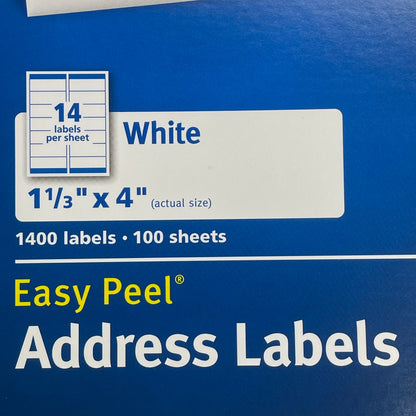 AVERY Easy Peel Sure Feed Address Labels 14 Sheet 1-1/3"x 4" Adhesive White 5162