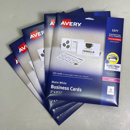 AVERY (5-PACK) 250 Business Cards Matte White Sure Feed Printable 2"x3-1/2" 5371